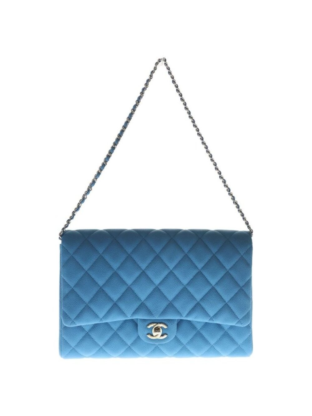 Chanel Quilted 28 Caviar Leather S Flap Chain Shoulder Bag Silver Blue